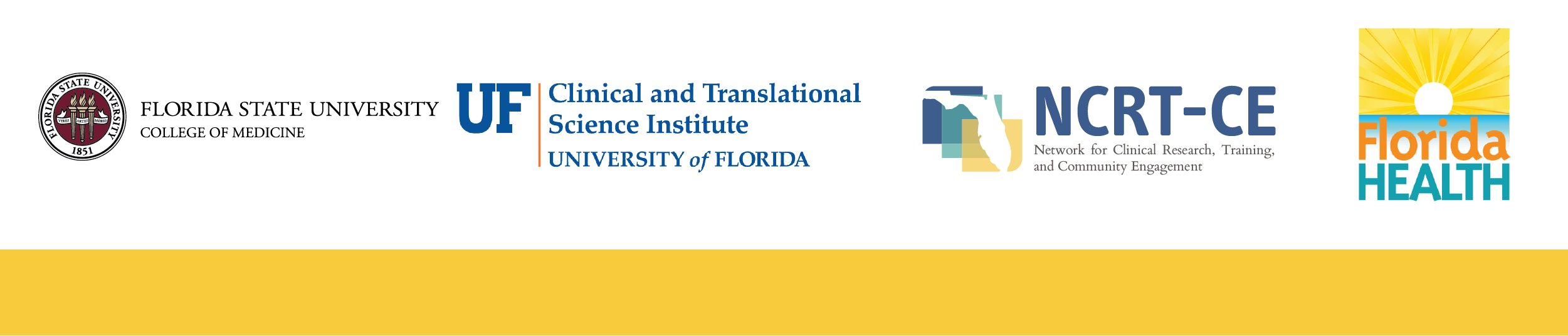 Logos for FSU College of Medicine, UF Clinical and Translational Science Institute, NCRT CE, and Florida Health