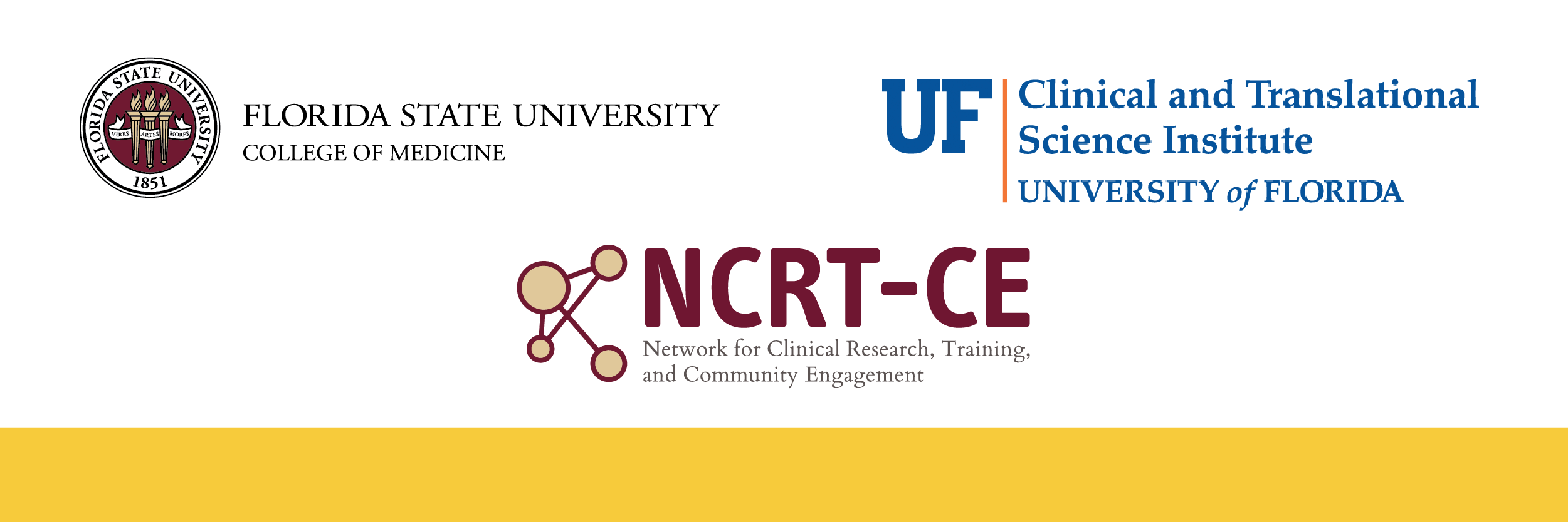 Logos for FSU College of Medicine, UF Clinical and Translational Science Institute, and NCRT CE