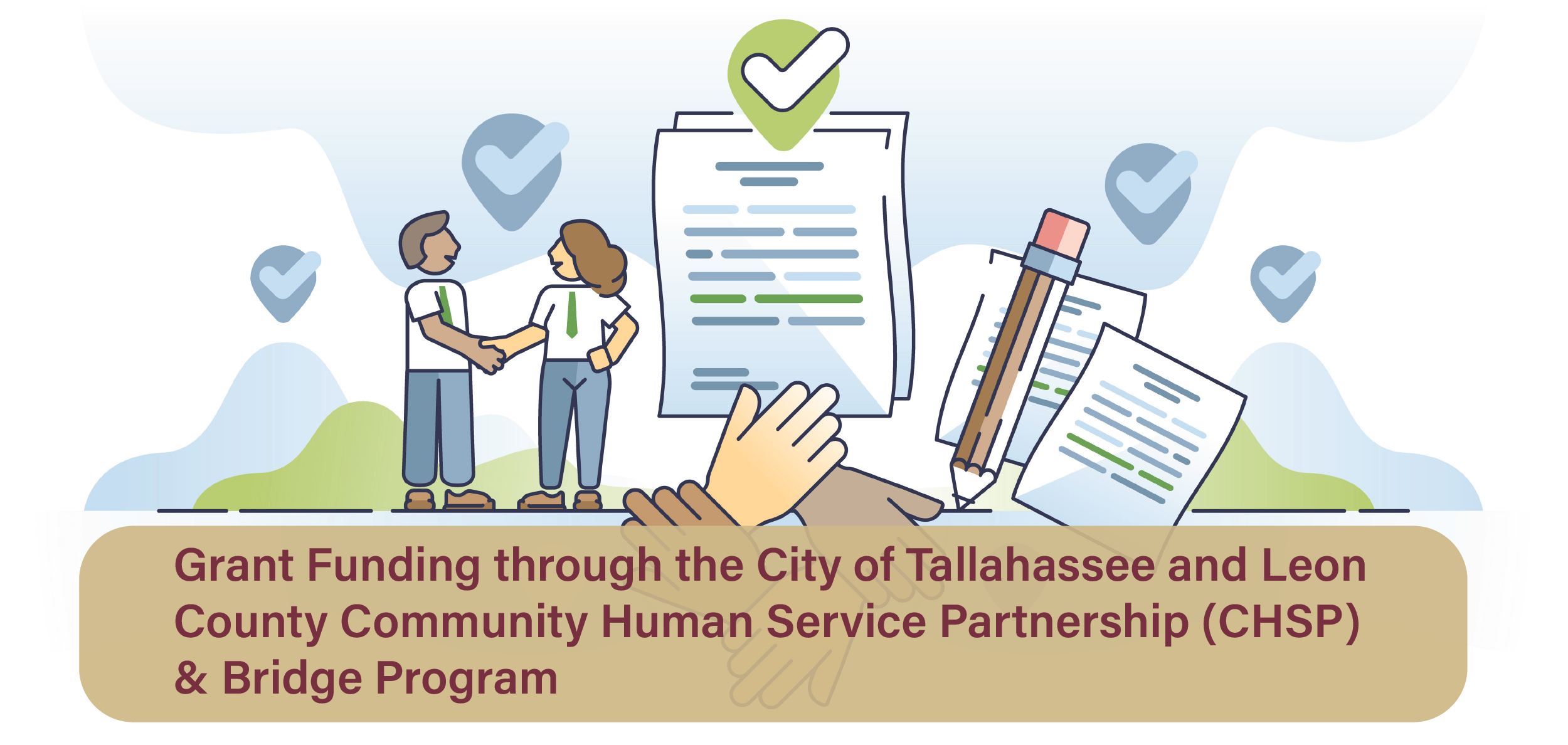 Grant writing. Illustration of the two people talking with icons of hands and pencils surrounding it
